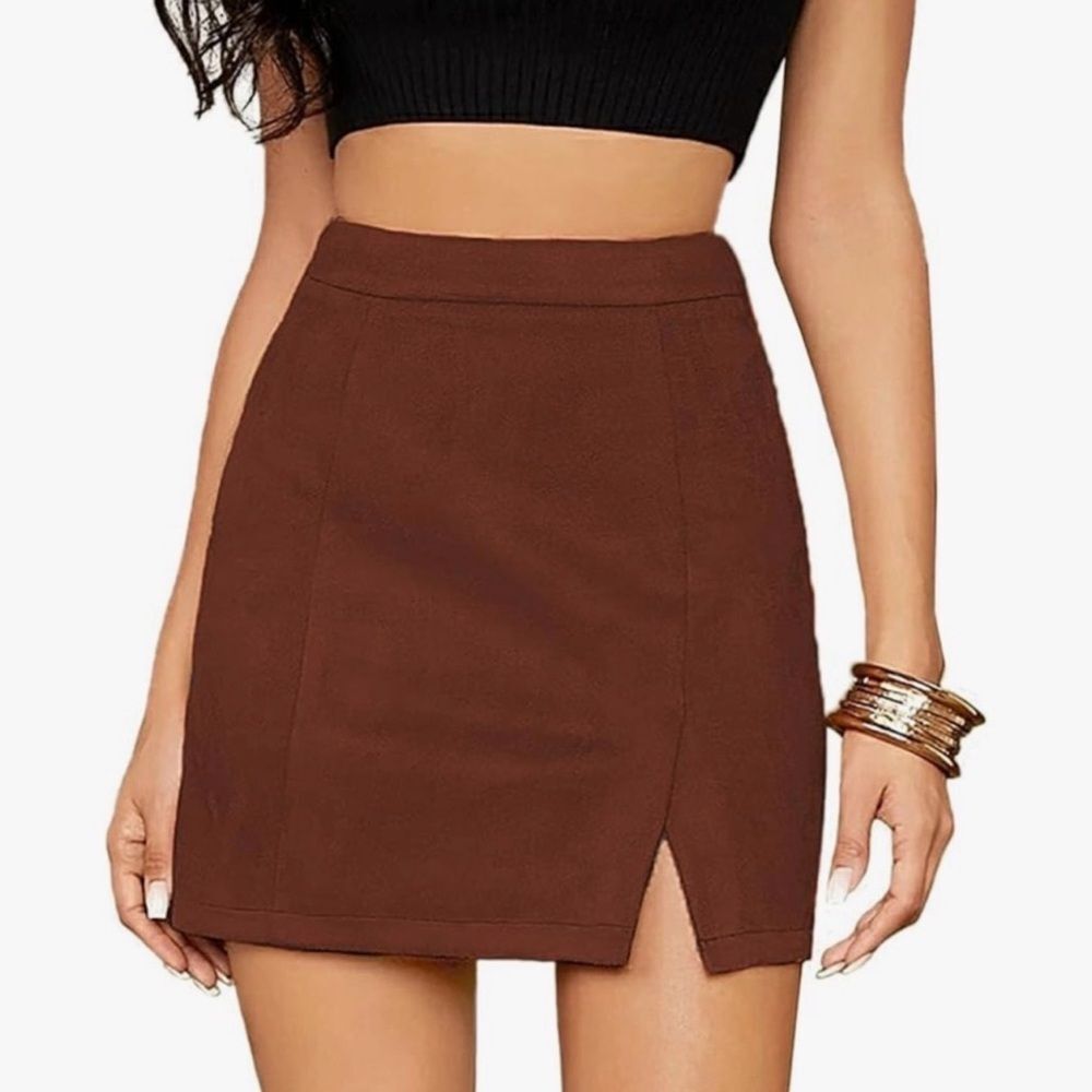 Women's Basic front Slit High Waist Suede Mini Pencil Bodycon Skirt